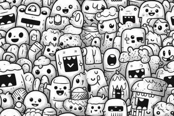 A black and white doodle pattern featuring a variety of cute and quirky characters.