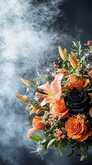 Poster - a vertical composition of a halloween-themed floral bouquet featuring black roses, orange lilies, an