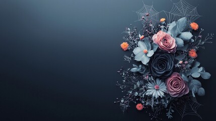 Poster - A dark, moody arrangement of black and deep purple flowers with subtle orange accents, surrounded by delicate spiderwebs, set against a black background with ample copy space.