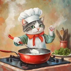 Chef Cat Cooking in a Vibrant Kitchen - Culinary Themed Illustration on Soft Color Background