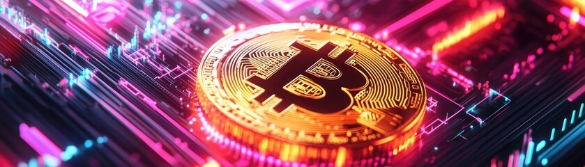 Aufkleber - Close-up visualization of a Bitcoin coin on a vibrant digital circuit board, reflecting the future of cryptocurrency technology.