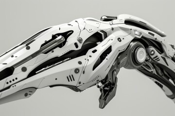 Poster - A robotic arm equipped with a firearm, showcasing advanced technology and weaponry integration in a futuristic setting, Articulated, angular joints in a futuristic design, AI generated