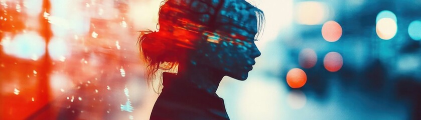 Poster - A silhouette of a woman against a vibrant, abstract background, conveying emotion and creativity in urban settings.