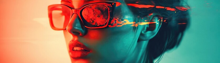 A captivating portrait of a woman wearing stylish glasses with vibrant reflections, merging modern fashion and artistic flair.