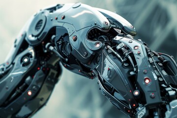 Poster - A mechanical arm featuring a gun attachment, illustrating the fusion of robotics and weaponry in modern design, Articulated, angular joints in a futuristic design, AI generated
