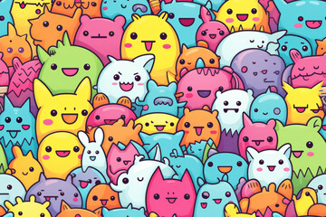 A cheerful, colorful seamless pattern featuring a diverse group of cute cartoon characters with expressive faces.