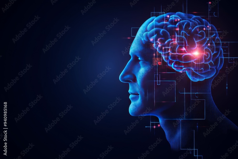 Futuristic digital illustration of a human head with glowing neural ...