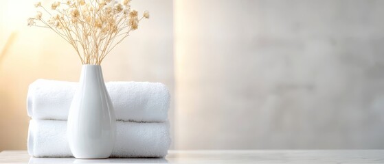 Poster -  A white vase atop a table, nearby, a stack of white towels on the same table