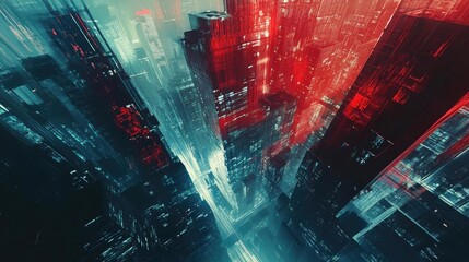 Poster - Futuristic cityscape with vibrant red and blue lights, showcasing an abstract design of towering buildings and dynamic energy.