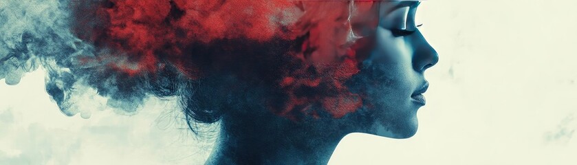 Poster - A creative portrait showcasing a woman with vibrant colored smoke blending into her silhouette, symbolizing thought and imagination.