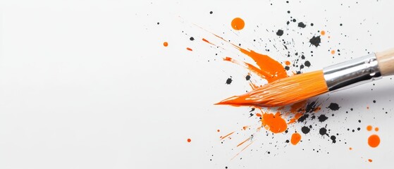 Wall Mural -  A detailed view of a paintbrush, adorned with orange and black paint smears along its edge