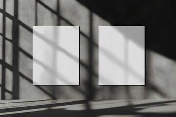 An empty white vertical rectangle and a diagonal window shadow on a gray concrete wall. For advertising, branding, or stationery presentations.