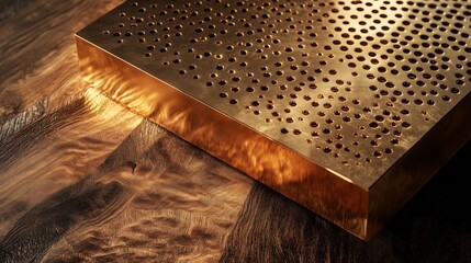 A matte gold structure contrasts with textured wood, creating a luxurious, elegant scene of light and depth.