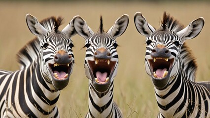 Poster - three zebras with their mouths open, one has the other showing their teeth.