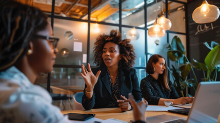 Poster - A group of three women engaged in discussion in modern office setting, showcasing collaboration and teamwork. woman in foreground is animatedly expressing her ideas.