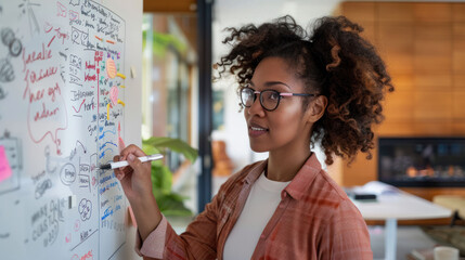 Poster - Creative woman writing on whiteboard, showcasing ideas and plans with focused expression.