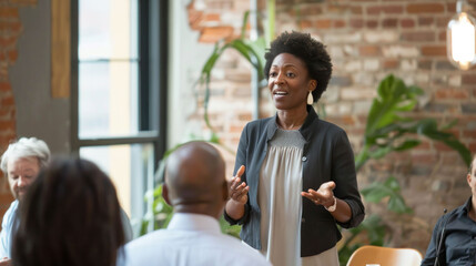 Poster - Confident woman speaking to group in modern setting, expressing ideas passionately.