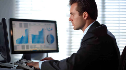 Aufkleber - Busy Businessman Examining Financial Data on Laptop Screen in Office.