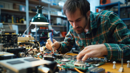 Aufkleber - Skilled Technician Repairing Electronic Device in Modern Workshop.