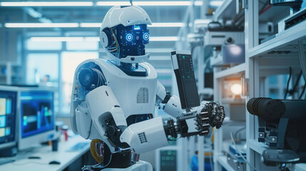 Aufkleber - Advanced Robotics Engineer Building a High-Tech Robot in Modern Laboratory.