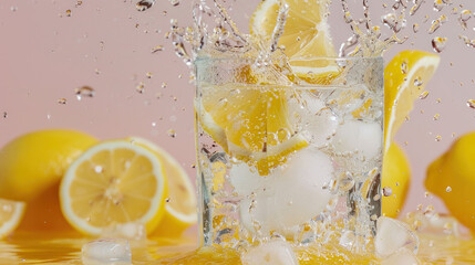 Poster - Refreshing Lemonade Splash with Ice Cubes on Studio Background.
