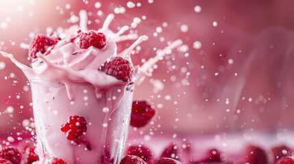 Poster - Vibrant Milkshake Splash with Fresh Fruit Pieces on Studio Background.