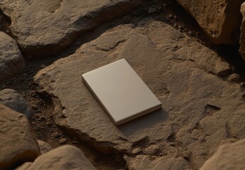 Poster - A blank book model placed on rocks in the sand, a notebook mockup, and a mockup against a nature background