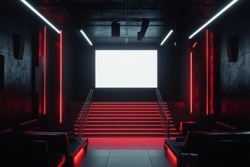Poster - large white illuminated screen with place for your text or logo, in an empty huge hall with stairs a