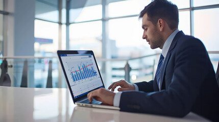 Aufkleber - A businessman analyzing data on laptop, focused and engaged.