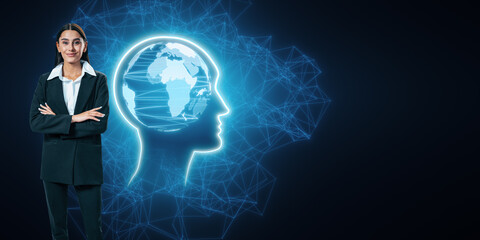 Poster - Happy young businesswoman with folded arms and glowing blue world map inside polygonal head outline hologram on dark background with mock up place. Think, brainstorm and global technologies concept.