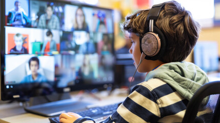 Leinwandbilder - Engaged boy with headphones participating in an online class, focused on screen.