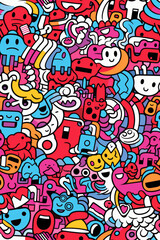 A colorful and whimsical pattern of cartoon characters, objects, and abstract shapes in a doodle style.