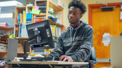 Poster - Focused student working on computer in classroom setting, displaying concentration and engagement.