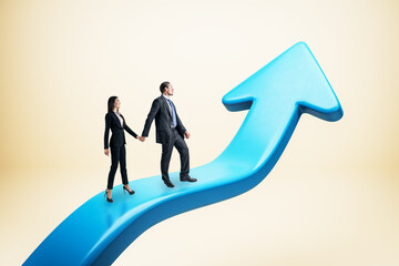 Poster - Young businesswoman and man standing on upward blue arrow. Light background. Growth and success concept.