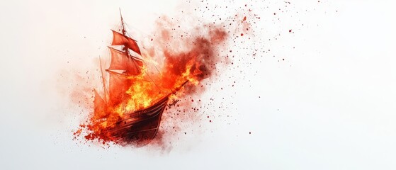 Wall Mural -  A boat engulfed in flames against a pristine white backdrop, exuding vast quantities of intense orange and red smoke