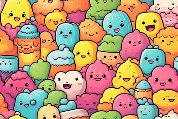 A colorful seamless pattern with cute cartoon characters in various shapes and sizes.