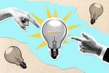 Poster - Hands pointing at abstract drawn lightbulb on light cartoon background. Idea and innovation concept.