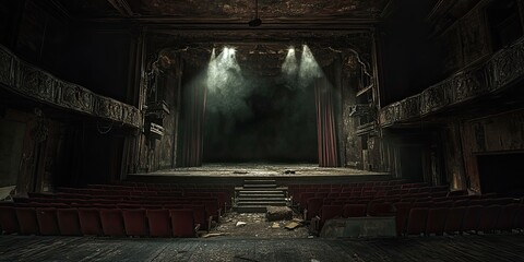 Canvas Print - Abandoned theater with red seats and stage.