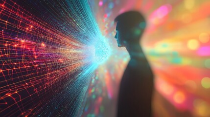 Man Immersed in Flow of Digital Data Stream
