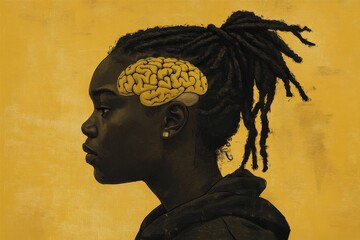 Wall Mural - A side profile of a young woman with a brain highlighted in yellow symbolizing intelligence cognitive processes and the connection between mind and body in a modern illustration style