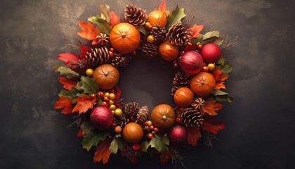 Wall Mural - Autumn Harvest Wreath: Vibrant Celebration of Fall Bounty