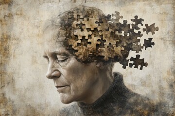 Canvas Print - A middle aged man with his brain composed of puzzle pieces symbolizing cognitive complexity problem solving and the aging mind in a conceptual textured illustration