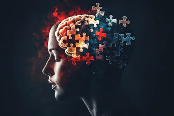 Canvas Print - A woman’s profile with her brain formed by fiery glowing puzzle pieces symbolizing the intensity of thought emotion and the complexity of the mind in a dramatic conceptual illustration