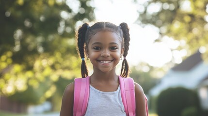 Poster - A young girl with braids and a pink backpack smiles, AI