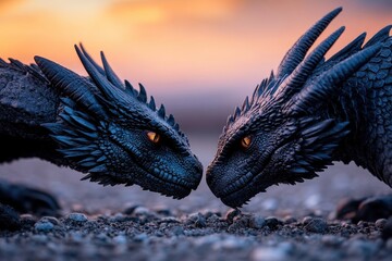 Two black dragons are seen in an intense standoff, their faces just inches apart, on rocky terrain at sunset, highlighting their fierce expressions and detail.