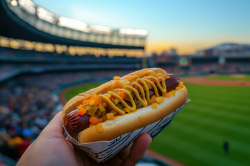 Sticker - Hotdog With Relish, Mustard, Onions In Hand, Baseball Stadium Background Blurred