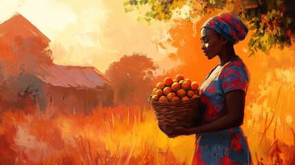 Canvas Print - A painting of a woman holding a basket full of oranges, AI