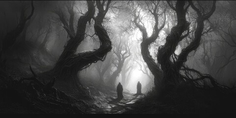 Wall Mural - Two figures stand in a dark, misty forest.