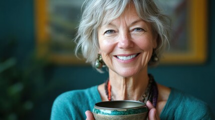 Canvas Print - A woman with grey hair holding a small bowl in her hand, AI