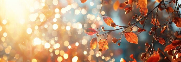 Wall Mural - Golden Autumn Leaves on Branch with Bokeh Background Generative AI